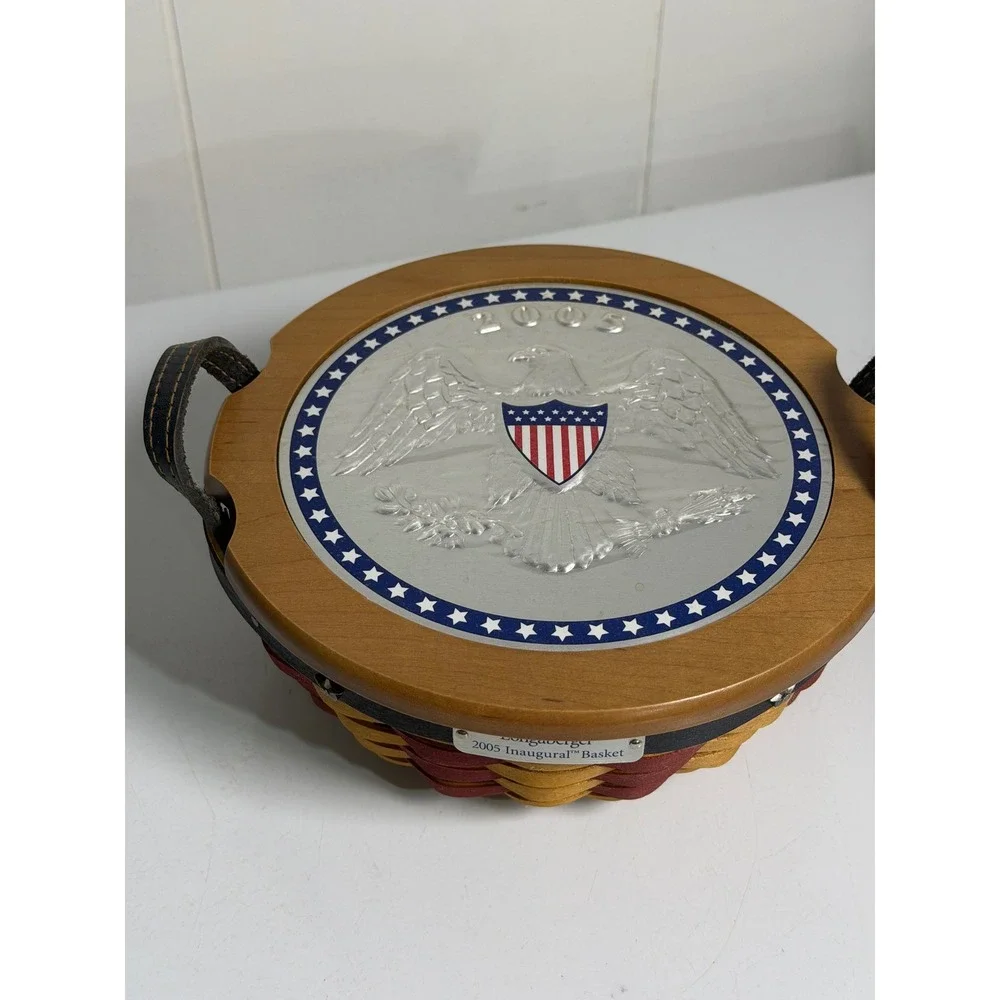 Longaberger 2005 Inaugural Basket Brown Woven Patriotic Eagle Lid Liner Tie-On